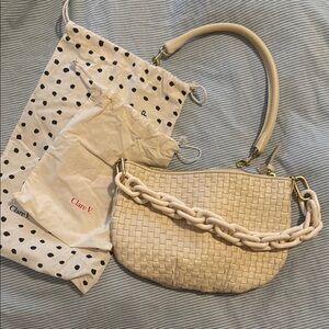 Clare V Cream Petite Moyen Shoulder Bag with Woven Design and Extra Handle